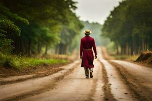 a monk walking down a dirt road. AI-Generated photo