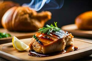 grilled salmon on a wooden plate with lemon and herbs. AI-Generated photo