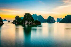 the sunrise over halong bay, vietnam. AI-Generated photo