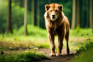 un león caminando mediante un bosque. generado por ai foto