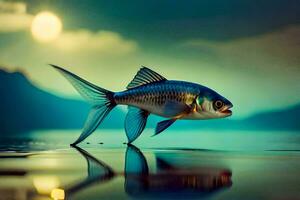 un pescado es en pie en el agua con un lleno Luna en el antecedentes. generado por ai foto