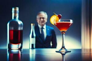 a man in a suit and tie standing next to a cocktail. AI-Generated photo