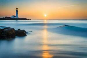 a lighthouse is seen in the distance at sunset. AI-Generated photo