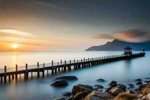 a long exposure photograph of a pier at sunset. AI-Generated photo