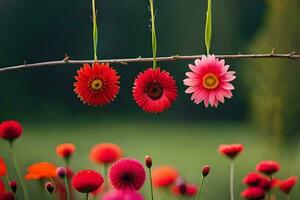 Tres rojo flores colgando desde un rama. generado por ai foto