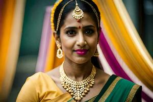 a beautiful indian woman wearing a sari and jewelry. AI-Generated photo