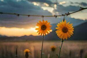 sunflowers hanging from a barbed wire fence at sunset. AI-Generated photo