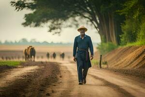 a man walking down a dirt road with cattle. AI-Generated photo