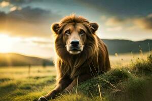 un león sentado en el césped a puesta de sol. generado por ai foto