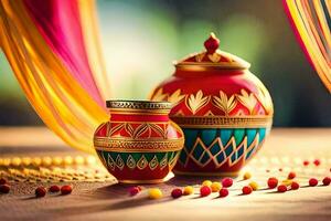 two colorful pots on a table with colorful decorations. AI-Generated photo