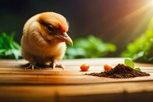 a small chicken is standing on a wooden table with some food. AI-Generated photo