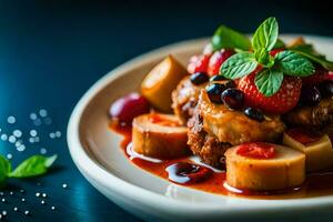 un plato de comida con Fruta y vegetales. generado por ai foto