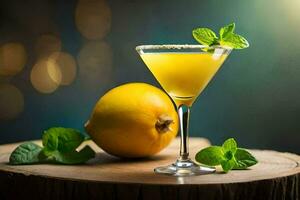 a lemon and lime cocktail with mint leaves on a wooden table. AI-Generated photo