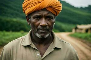 a man wearing an orange turban stands on a dirt road. AI-Generated photo