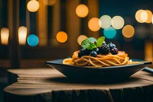 a plate of pasta with berries and a fork on a wooden table. AI-Generated photo