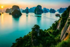 the sun sets over the water in halong bay. AI-Generated photo