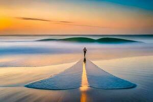 un hombre soportes en el playa a puesta de sol. generado por ai foto