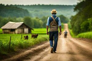 un hombre caminando abajo un suciedad la carretera con vacas en el antecedentes. generado por ai foto