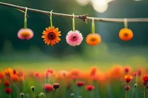 colorful flowers hanging from a branch in a field. AI-Generated photo