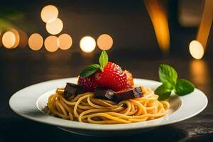 spaghetti with strawberries and chocolate on a plate. AI-Generated photo
