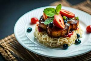 a plate with pasta and fruit on it. AI-Generated photo