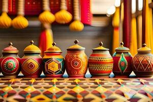 colorful pots and vases lined up on a table. AI-Generated photo