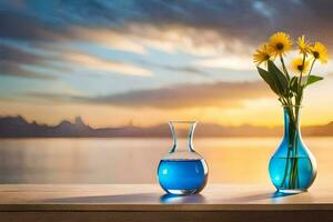 dos floreros con flores en un mesa con un puesta de sol en el antecedentes. generado por ai foto