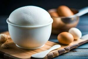 a bowl of eggs and a spoon on a cutting board. AI-Generated photo