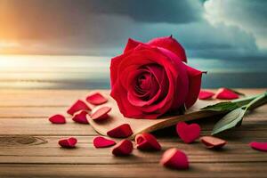 a red rose on a wooden table with hearts scattered around it. AI-Generated photo