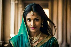 a beautiful indian woman in a green sari. AI-Generated photo