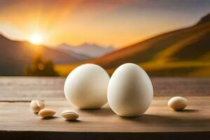 two eggs on a table with a mountain in the background. AI-Generated photo