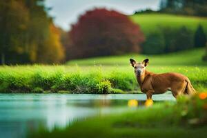 a deer stands in the water near a field. AI-Generated photo