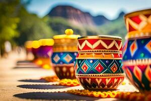 colorful pots lined up on a road. AI-Generated photo