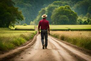 a man in a hat walks down a dirt road. AI-Generated photo