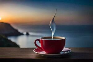 a cup of coffee on a wooden table with a view of the sea. AI-Generated photo