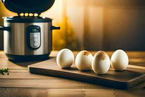 eggs on a cutting board next to an instant pot. AI-Generated photo