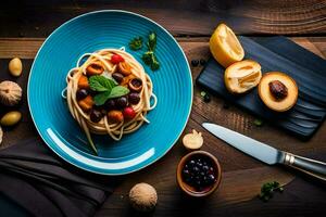 spaghetti with olives and mushrooms on a blue plate. AI-Generated photo