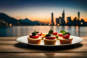 cupcakes on a plate with city skyline in the background. AI-Generated photo