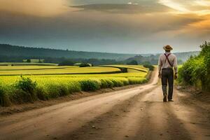 un hombre caminando abajo un suciedad la carretera en frente de un campo. generado por ai foto