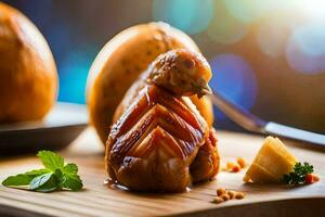 a chicken is sitting on a cutting board with a knife. AI-Generated photo