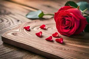 a single red rose is on a wooden cutting board with hearts scattered around it. AI-Generated photo