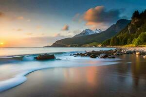 a beautiful sunset over the ocean and mountains. AI-Generated photo