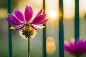 a pink flower is seen through a fence. AI-Generated photo