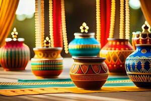 colorful vases on a table with candles. AI-Generated photo