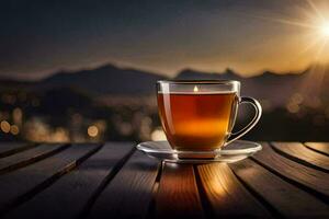 a cup of tea on a wooden table in the evening. AI-Generated photo