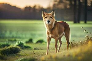 un perro es en pie en el césped a puesta de sol. generado por ai foto