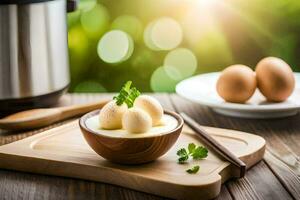 eggs in a bowl with a spoon on a wooden table. AI-Generated photo