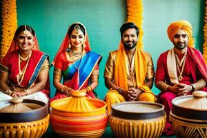 un grupo de personas en tradicional indio atuendo. generado por ai foto