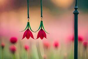 two red flowers hanging from a pole in a field. AI-Generated photo