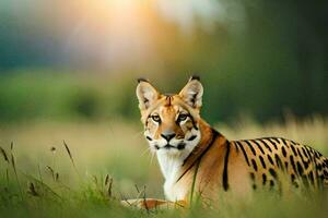 a tiger sitting in the grass with the sun behind it. AI-Generated photo